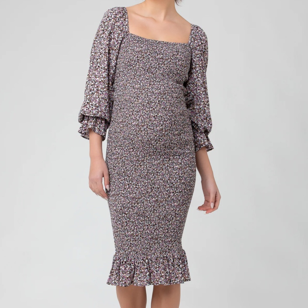 Ripe Maternity Floral Ruffled Shirred Dress with Bishop Sleeves